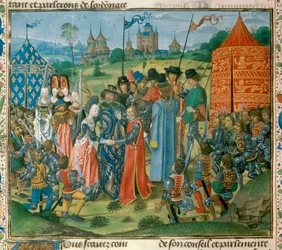 Król Karol VI (1368-1422) przekazał swoją córkę Izabelę Francuską (1389-1409) królowi Anglii Ryszardowi II (1367-1400) przed Zgromadzeniem Lordów Francuskich i Angielskich Miniatura z „Kronik” Jeana Froissarta (1337- 1400) XV-wieczny Paryż. B.N.