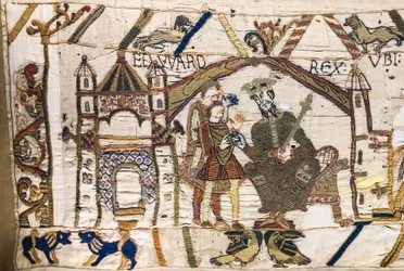 Król Edward Wyznawca wysyła Harolda do Normandii, Bayeux Tapestry (haft z wełny na płótnie)