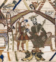 Król Edward Wyznawca wysyła Harolda do Normandii, Bayeux Tapestry (haft z wełny na płótnie)
