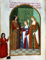Król Ferdynand II, król Aragonii i Sycylii (1452 - 1516), Joanna, królowa Kastylii (1479 - 1555) i Izabela I Kastylii (znana również jako katolicka), królowa Hiszpanii (1451 - 1504). Miniatura w „”Nabożeństwie królowej Da Juany, którą nazwali wariatką””