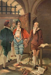 Król Henryk III z Bernardem Palissym (1510-1589). Chromolitografia z końca XIX wieku. na podstawie La Ciencia y sus Hombres Louisa Figuiera. Barcelona 1881