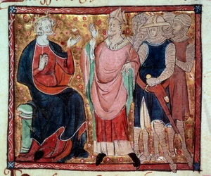 Król Anglii Henryk II (1133-1189) przyjmuje biskupa i żołnierzy. Miniatura z XV-wiecznego rękopisu. Paryż, B.N.