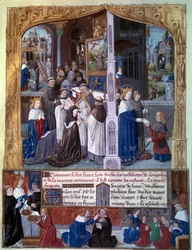 Król Ludwik IX (1214-1270) (Saint Louis) kazał wybudować opactwo Cordeliere de Longchamp w lesie Rouvray (Boulogne) w 1255 roku, sceny chrześcijańskiej dobroczynności autorstwa Króla Miniatury zaczerpnięte z rękopisu „Księga faktów Monseigneur Saint Louis”