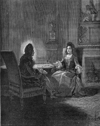 Król Ludwik XIV (1638-1715) rozmawia ze swoją przyszłą żoną Madame de Maintenon (Francoise d
