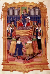 Król Ludwik XI (1423-1483) i Rycerze Orderu Świętego Michała Miniatura z rękopisu „Statuty Orderu Świętego Michała” XV wiek Mediolan, Biblioteca Trivulziana