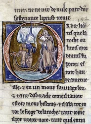 Król Modreius. Rękopis: Conquest of the Saint Gréal, napisany 717 lat po męce naszego Pana. Bibliotheque Municipale de Rennes, ms. 255 (Zbiór powieści Okrągłego Stołu); Paryż
