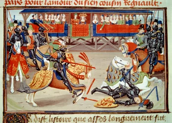 Król Richier desarconnnant guichart moree podczas turnieju. (Miniatura, v.1462-1470)