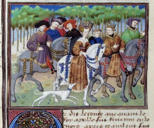 Król i królowa na polowaniu (Filip VI Walezjusz i Blanche z Nawarry (?)) Miniatura z Le livre de la chasse” autorstwa Gastona III Phoebusa, hrabiego Foix, Lorda Bearn (1331-1391)