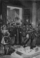 Król Francji Henryk II (1519-1559), w centrum, nakazujący swemu łącznikowi pojmanie doradców. Rycina XIX wieku. W „Histoire de France” Julesa Micheleta