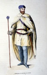 Rycerz Zakonu Templariuszy w kostiumie wojennym. Rycina XIX wieku.