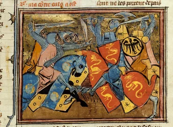Rycerze walczą. Miniatura zaczerpnięta z „”Histoire de Merlin”” Roberta de Borona (Borron) (ok. 1144 ok. 1170)