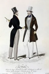 La Mode du 26 juillet 1834: (moda męska) prześcieradło - spodnie casimir - Redingote z aksamitnym kołnierzem - kamizelka z piki - spodnie ciemnoszary i cylinder.