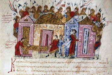 Zbrojna Gwardia Waregów (Varangian) (Wikingowie duńscy i szwedzcy, którzy przebyli cały system rzeczny terytoriów wschodnich i budowali forty aż do Morza Kaspijskiego, kładąc w ten sposób podwaliny pod to, co miało stać się państwem rosyjskim).