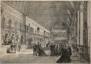 Sala broni zamku Pierrefonds - restytucja przez Viollet-Leduc (Viollet Leduc) rycina z 1880 roku