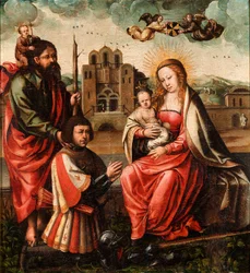 ""Dziewica Krzysztofa Kolumba"" (Dziewica Cristobal Colon) Dziewica z Dzieciątkiem z Krzysztofem Kolumbem i Świętym Krzysztofem Anonimowy obraz 1540 - Olej na desce Ciemny 52x48 cm Museo Lazaro Galdiano, Madryt