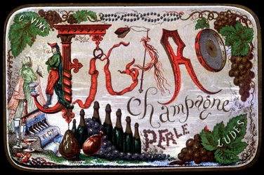 Etykieta Figaro Champagne Perle. sd. 19 wiek.