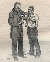 Antropometria sądowa lub bertillonnage, metoda Alphonse Bertillon (1853-1914): pomiar palca środkowego i lewego palca serdecznego - Grawerowanie w „” La Science francaise”