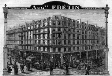 Duża Manufaktura Chaosingu „”Auguste Fretin””, VI dzielnica Paryża 64, rue de Rennes. Grawerowanie z 1883 r.