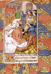 Zabójstwo świętego Tomasza Becketa (1118-1170), angielskiego prałata i polityka. Miniatura z XIV wieku. Victoria and Albert Library, Londyn.