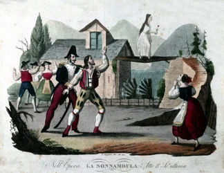 Ostatnia scena II aktu „La somnambule (La sonnanbula”) Vincenzo Belliniego. Grawerunek z 1835 roku.