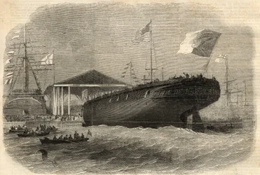 Wystrzelenie portugalskiej korwety „Sagres” w Limehouse (Londyn). Grawerowanie w „The Illustrated London News”” z 5 czerwca