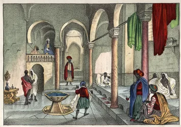 Łaźnia mauretańska (łaźnia publiczna) w Algierze około 1830 roku. W dziele Léona Galiberta „Algieria dawna i współczesna”. Włoskie wydanie z 1846 roku, barwne