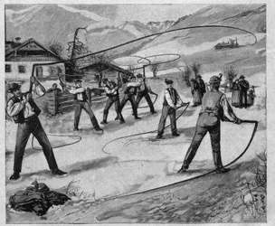 Le clackers du salzkammergut - salzkammergut: W kilka niedziel po Nowym Roku młodzi mężczyźni z Salzburga (Austria) trzaskają batami, aby obudzić naturę z zimowego snu - grawerunek 1897