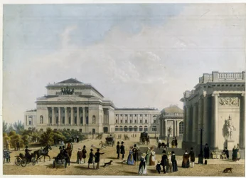 Teatr Aleksandryński (lub Aleksandra) w Sankt Petersburgu (Teatr Aleksandra w Sankt Petersburgu). Praca anonimowa, litografia kolorowa, ok. 1830. XIX-wieczny klasycyzm. Państwowe Muzeum Sztuki Teatralnej i Muzycznej w Petersburgu.