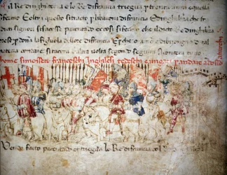 Sojusz Francuzów, Anglików, Niemców i Węgrów przeciwko Turkom w 1391 roku - w „Croniche del Sercambi”, około 1400. Archiwum Narodowe, Lukka.