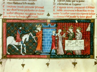 Po lewej: Perceval otrzymuje miecz od króla Pescheora. Po prawej: Procesja Świętego Graala. Miniatura z „”Tale du Grail””