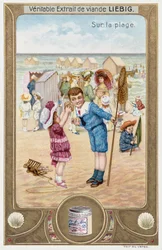 Karta Leibiga przedstawiająca francuskie dzieci na plaży 1890