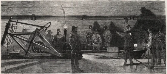 Les egouts de Paris: „łódź do spłukiwania” używana do czyszczenia kolektora - Grawer z „Le Monde Illustré””