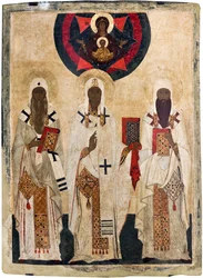 Trzej święci biskupi Rostowa: Izajasz (zmarł w 1090), Leoncjusz (zmarł w 1077), Ignacy (zmarł w 1288) - Ikona rosyjska: Trzej święci biskupi Rostowa: Izajasz, Leoncjusz i Ignacy. Koniec XV wieku, Państwowe Muzeum na Wolnym Powietrzu Kreml Rostowski