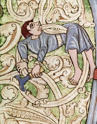 Dekoracja Lettrine C przedstawiająca leśnika. Miniatura z Biblii (Stary Testament) (Ms 3088) XII-wieczna Coimbra, Biblioteka Uniwersytecka