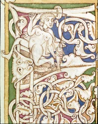 Lettrine P decoree przedstawiająca kobietę łowiącą rybę. Miniatura z Biblii (Stary Testament) (Ms 3088) XII-wieczna Coimbra, Biblioteka Uniwersytecka