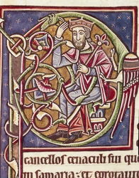 Lettrine P decoree przedstawienia króla krainy Moabu Miniatura z Biblii (Ms 3088) Coimbra XII w., biblioteka Uniwersytetu
