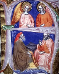 Lettrine reprezentująca aniołów i filozofów, którzy dyskutują - w De civitate dei de St Augustine. Rękopis z XIV wieku. Biblia Miejska z Rimini.