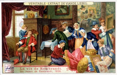 Chromolitografia Liebiga na temat życia holenderskiego malarza Rembrandta (1606-1669). To są niepowodzenia Rembrandta w 1656 roku.