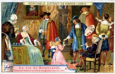 Chromolitografia Liebiga na temat życia Rembrandta (1606 - 1669) holenderskiego malarza, tu przedstawiającego burmistrza Jeana Sixa w 1654 roku.