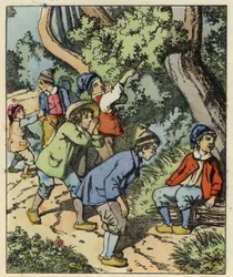 Mały Poucet i jego bracia zgubili się w opuszczonym przez rodziców lesie. Ilustracja do bajki „Le Pepetit Poucet” autorstwa Charlesa Perraulta