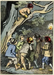 Mały Poucet wspina się na drzewo i szuka swojej drogi. Podnosi światło w lesie. Ilustracja do bajki Charlesa Perraulta „” Le Pepetit Poucet”