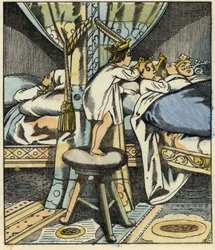 Mały Poucet kładzie korony siedmiu córek ogra na głowę swoich braci. Ilustracja do bajki „Le Petite Poucet” autorstwa Charlesa Perraulta