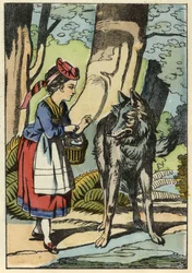 Czerwony Kapturek spotyka wilka w lesie. Ilustracja do bajki „Czerwony Kapturek” Charlesa Perrault