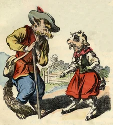 Małe dziecko rozmawia z Mistrzem Foxem. Ilustracja do bajki „Bon medor i mały Chevrette””. W „Opowieściach z domu dla najmłodszych””. Anonimowy rycina z XIX wieku.