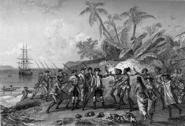 Louis Antoine Comte de Bougainville, francuski nawigator (1729-1811), zbliżający się do wysp markizów na Tahiti, 6 kwietnia