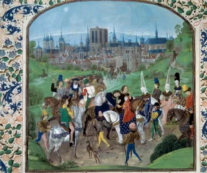 Ludwik II Anjou i Yolande z Aragonii witają tego, który zostanie ich zięciem, a następnie Karola VII. W tle; miasto Paryż. Miniatura w „Kronikach” Jeana Froissarta (Folio 321v)