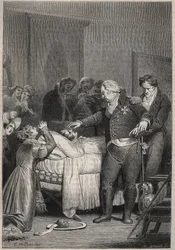 Ludwik XVIII na łożu śmierci księcia Berry - Ostatnie chwile księcia Berry 13 lutego 1820 (1778 - 1820) w Operze Paryskiej w otoczeniu Ludwika XVIII i rodziny królewskiej - rycina w „Histoire de France opowiadaj mojemu wnuki"