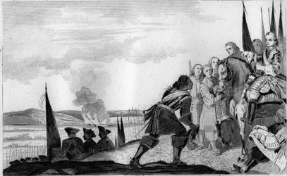 Ludwik XV (1710-1774) w bitwie pod Fontenoi w 1745 r. - wojna o sukcesję austriacka (1740-1748) - Maurycy saski, marszałek saski (1696-1750), zwycięska bitwa pod Fontenoy, spotyka króla Francji , Ludwik XV (1710-1774) - Rycina z 1825 r. w „Hi