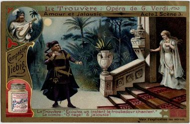 Miłość i zazdrość Akt I Scena 3. Ilustracja do opery „Znalezisko” (Truvatore) Giuseppe Verdiego (1813-1901). Chromolitografia (Chromo) Liebig z końca XIX wieku.