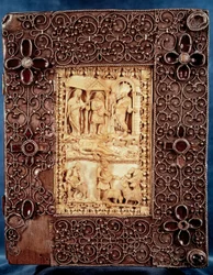 Dolne półmisek psałterza Karola Łysego (Charles II) (823-877): miniatura z kości słoniowej przedstawiająca Natana przybyła, by zabić dziecko, pochodzące z cudzołożnego związku króla Izraela Dawida i Betsabee. 850-875. Paryż, B.N.